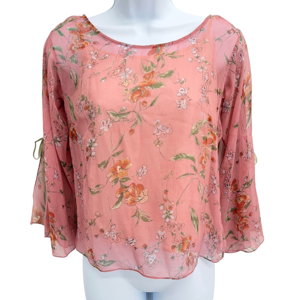 Odille Anthropologie Floral Silk Blouse Size 2 Fairy Split Sleeve Tie Pink Girly
